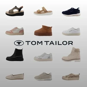 Tom Tailor Schuhe: Sandale mit Keilabsatz, Sandale, Sneaker, Stiefelette, Schnürstiefel und Slipper sind auf grauem Hintergrund angeordnet.