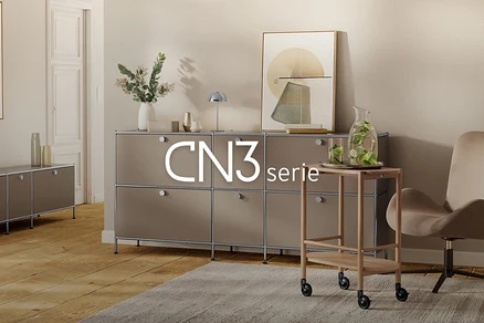 Salon moderne avec un grand buffet modulaire taupe, décoré d'un vase de verdure, d'une lampe et d'une œuvre d'art abstraite. À droite, un chariot de service en bois avec une carafe d'eau et un fauteuil sur un tapis. À gauche, un buffet assorti plus petit. Texte: CN3 serie.