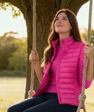 Femme sur une balançoire portant une veste sans manches matelassée, un pantalon stretch et un haut manches 3/4.