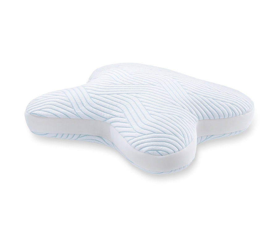 Konturiertes TEMPUR® All-Around SmartCool™ Schlafkissen in Hellblau-Weiß mit wellenförmigem Muster und weißem Seitenband.