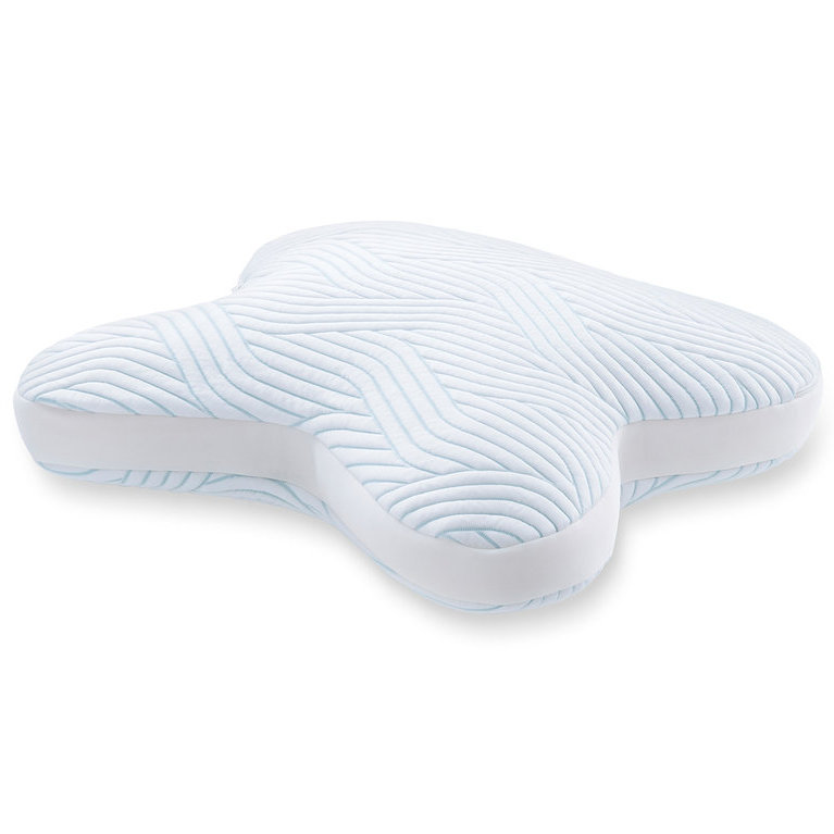 Konturiertes TEMPUR® All-Around SmartCool™ Schlafkissen in Hellblau-Weiß mit wellenförmigem Muster und weißem Seitenband.