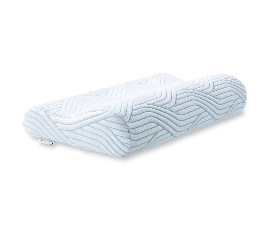TEMPUR® Shape SmartCool™ Schlafkissen mit hellblauem Bezug und wellenförmigem Muster auf weißem Hintergrund.