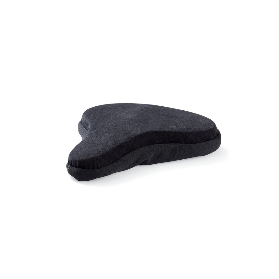 Schwarzes ergonomisches Sitzkissen mit konturierter Form auf weißem Hintergrund.