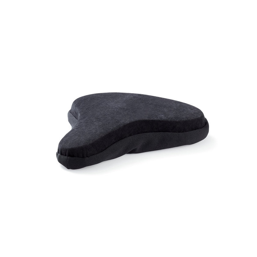 Schwarzes ergonomisches Sitzkissen mit konturierter Form auf weißem Hintergrund.