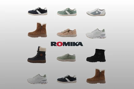 Draufsicht auf zwölf Romika Schuhe, darunter Stiefel und Turnschuhe, die in einem Raster um das Romika-Logo angeordnet sind.