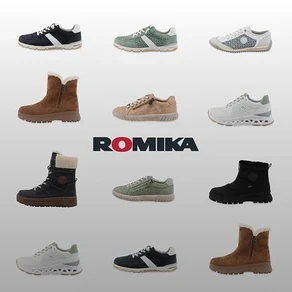 Draufsicht auf zwölf Romika Schuhe, darunter Stiefel und Turnschuhe, die in einem Raster um das Romika-Logo angeordnet sind.