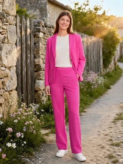 Femme portant un blazer et un pantalon roses avec des baskets en cuir et des puces d’oreille avec arc en zircons en argent 925.