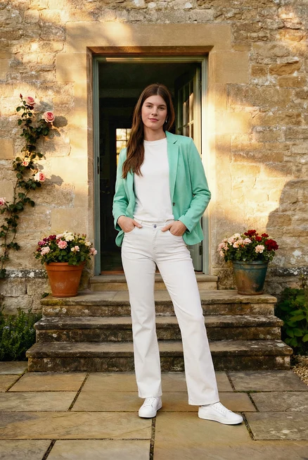 Une femme se tient devant un escalier en pierre, portant une veste verte, un t-shirt basique blanc, un jean bootcut – Coupe « Lou », blanc crème et des baskets en cuir. Elle porte des créoles vague.