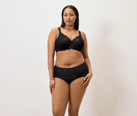 Une femme porte un soutien-gorge minimiseur noir et 5 culottes noires sur un fond blanc.