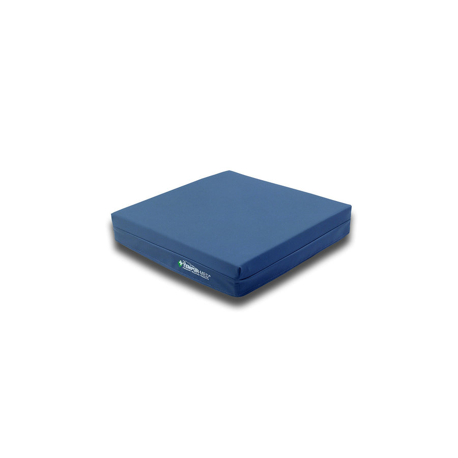 Ein quadratisches, blaues medizinisches Kissen mit einem TEMPUR-MED Logo an der Seite.