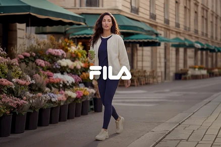 Femme marchant sur un trottoir à côté d'un étal de fleurs, vêtue d'un haut et d'un legging bleu marine, d'une veste crème et de baskets beiges, tenant une boisson verte. Logo Fila superposé.