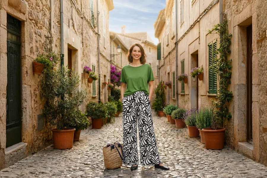 Une femme souriante aux cheveux bruns courts se tient dans une ruelle pavée, vêtue d'un haut vert, d'un pantalon large à motifs noirs et blancs et de petites boucles d'oreilles créoles. Un sac en osier est posé à côté d'elle.