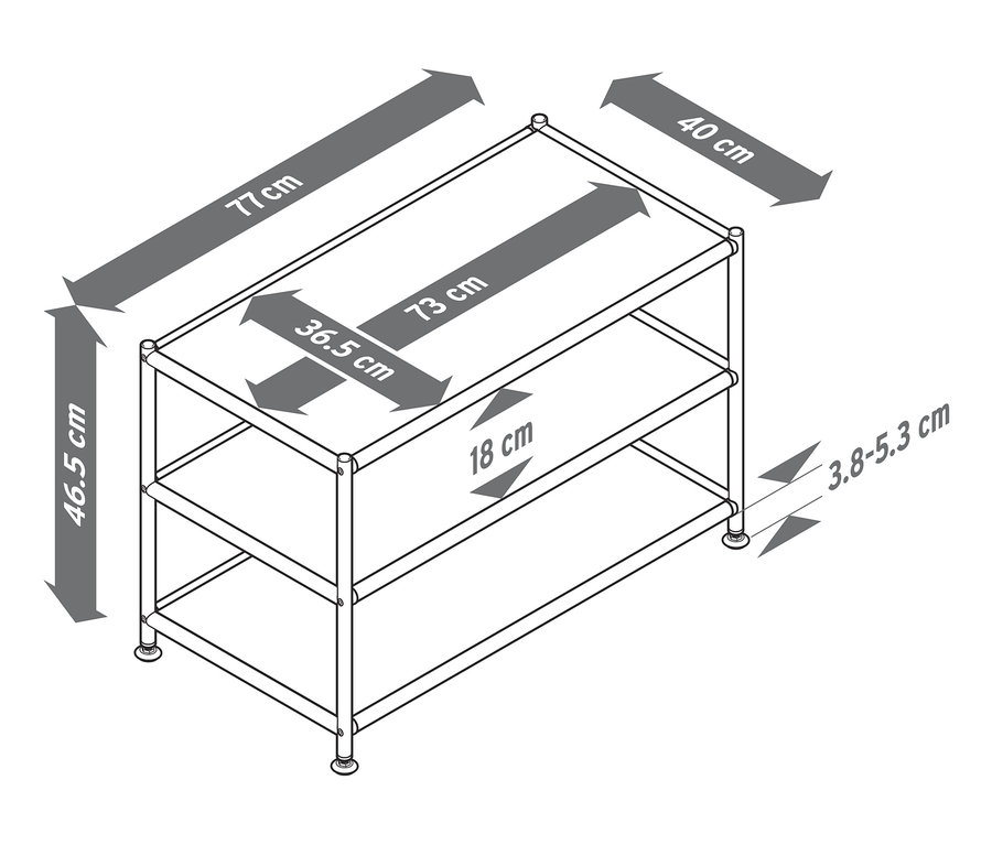Schéma d'une table basse ouverte en métal CN3 avec trois étagères et dimensions.