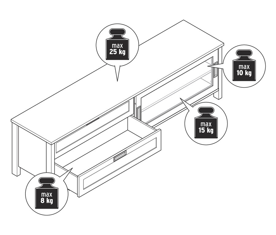 Schéma d'un meuble TV «Clara» avec un tiroir ouvert et une capacité de charge maximale de 25 kg sur le dessus.