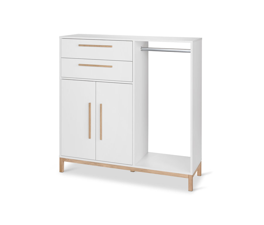 Commode blanche »Eklund« avec dressing avec deux tiroirs au-dessus des portes d'armoire et un espace ouvert avec tringle.