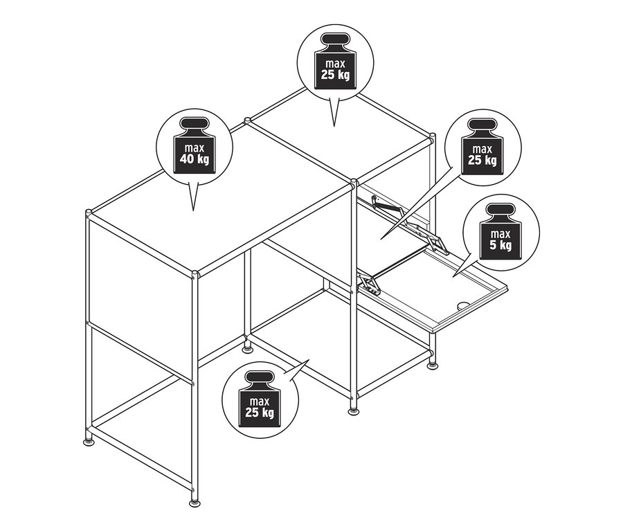 Schéma d'un bureau en métal « CN3 » avec porte abattante, avec des marquages pour le poids maximum.