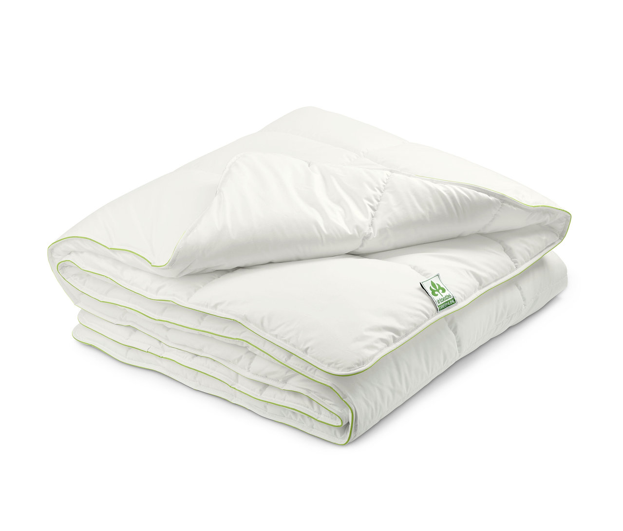 Couette thermique irisette greenline® blanche pliée avec bordure verte.