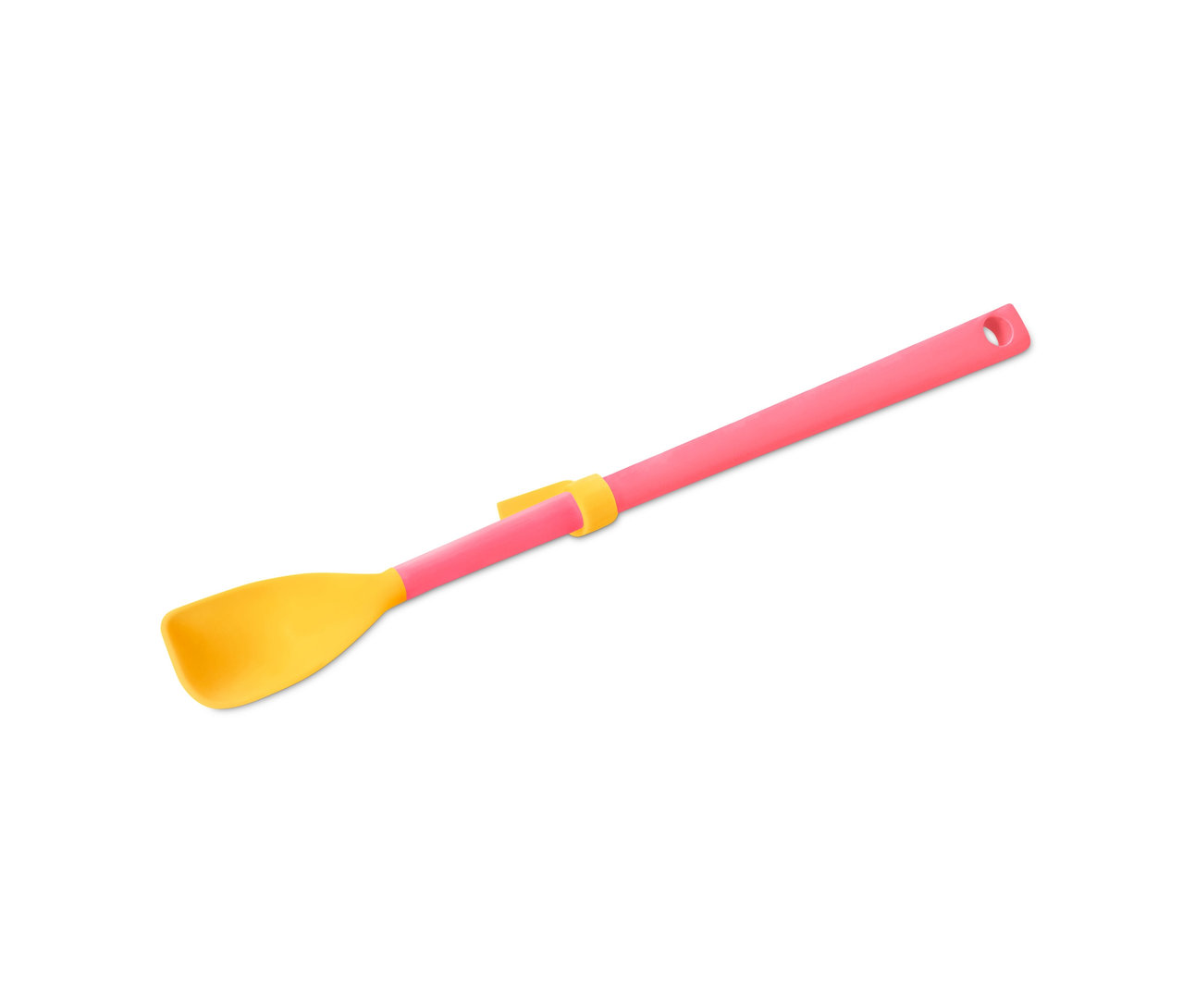 Gros plan d'une cuillère spéciale en silicone avec un manche rose et une tête jaune sur un fond blanc.