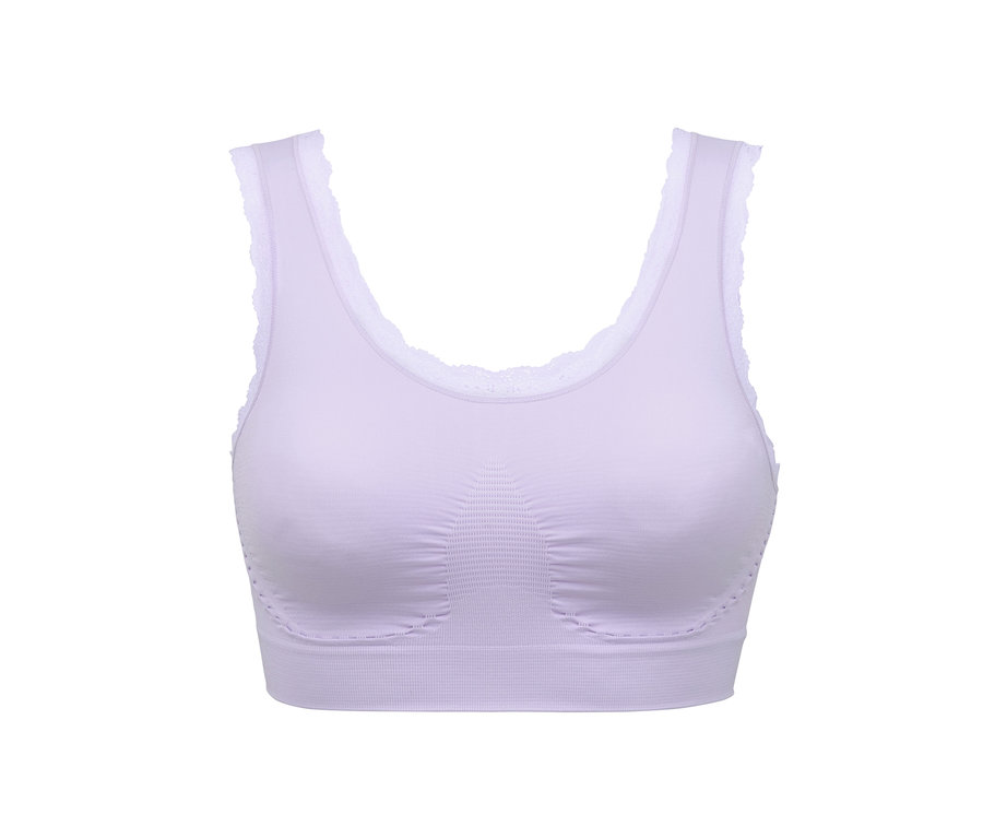 Vue détaillée d'une brassière sans coutures lilas avec de la dentelle.