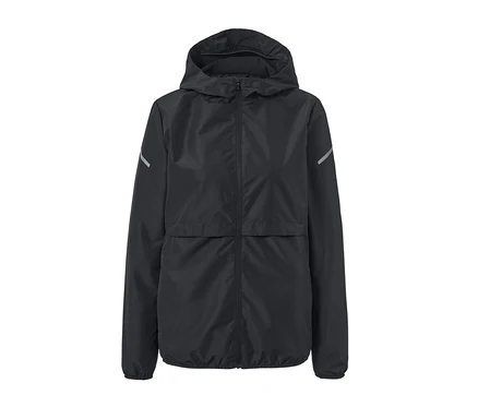 Veste de sport coupe-vent noire avec capuche.