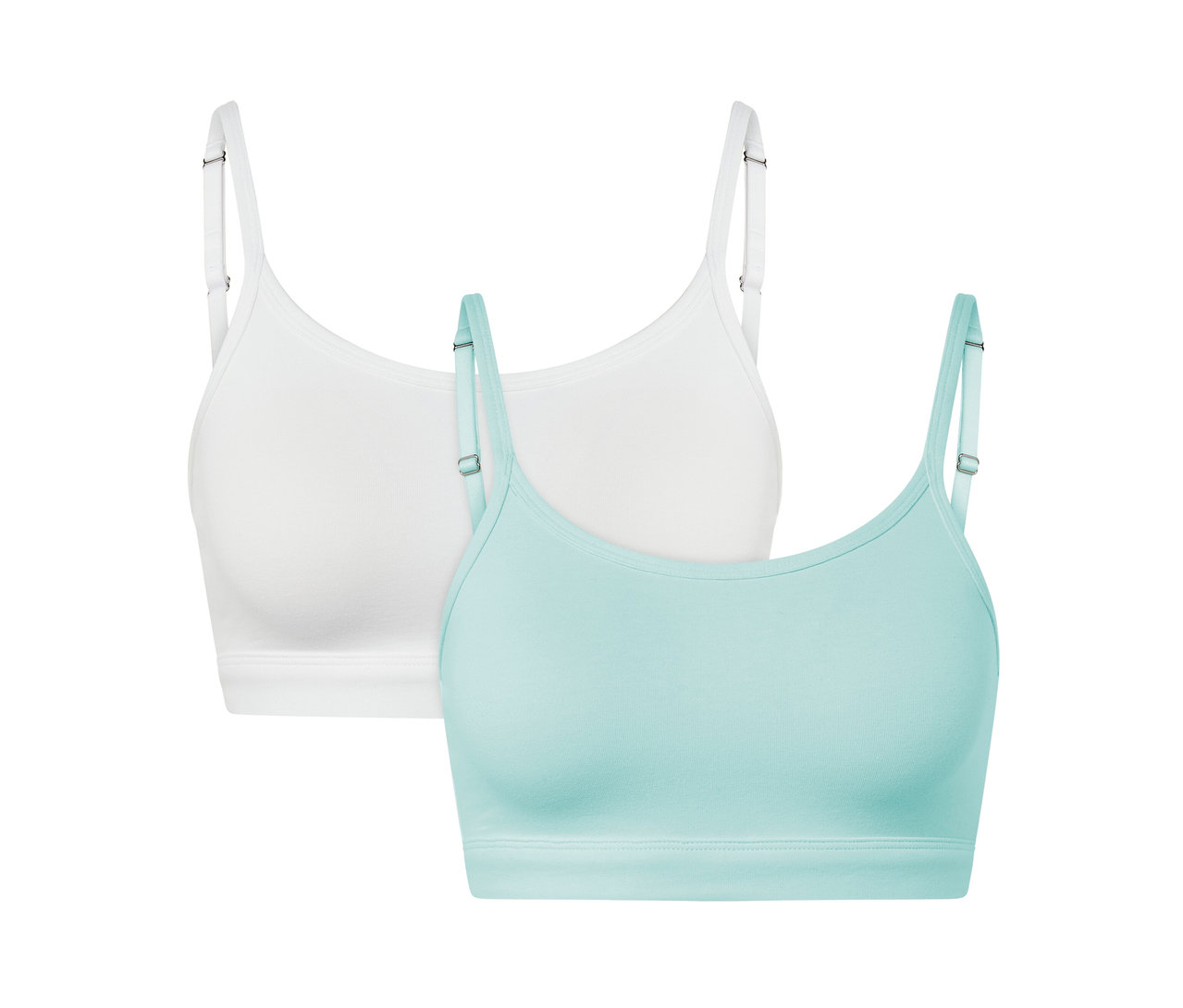 Deux brassières, une blanche et une bleu clair.