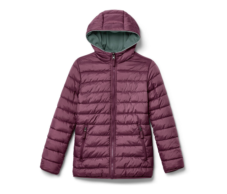 Veste matelassée et softshell 2 en 1 violette pour enfant avec capuche.
