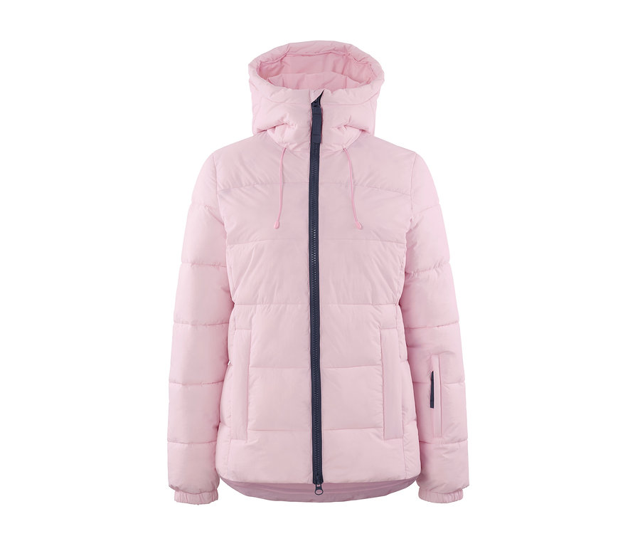 Veste de ski matelassée rose avec fermeture éclair au centre.