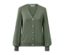 Cardigan en maille fine vert avec encolure en V et fermeture boutonnée.