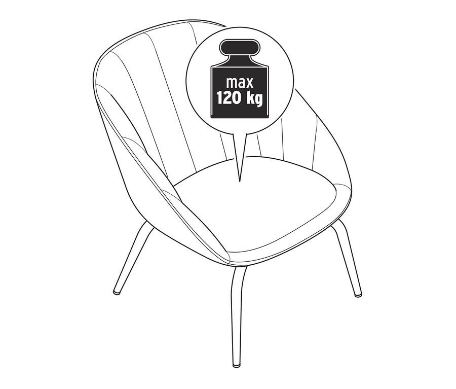 Illustration d'une chaise rembourrée gris-vert avec une capacité de charge maximale de 120 kg.