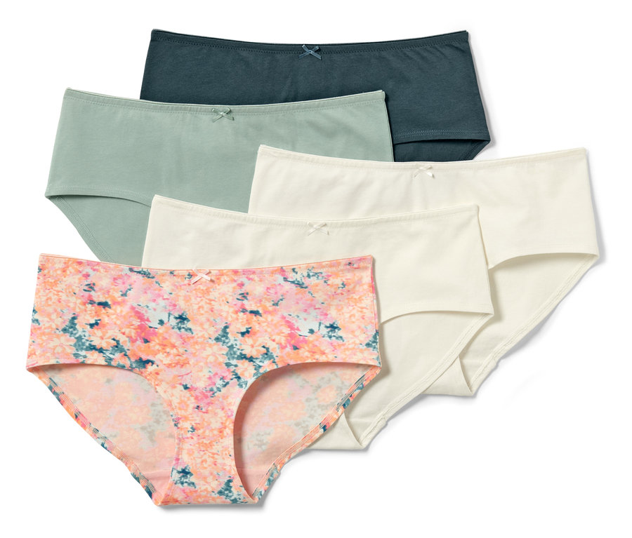 Cinq culottes de différentes couleurs et motifs.