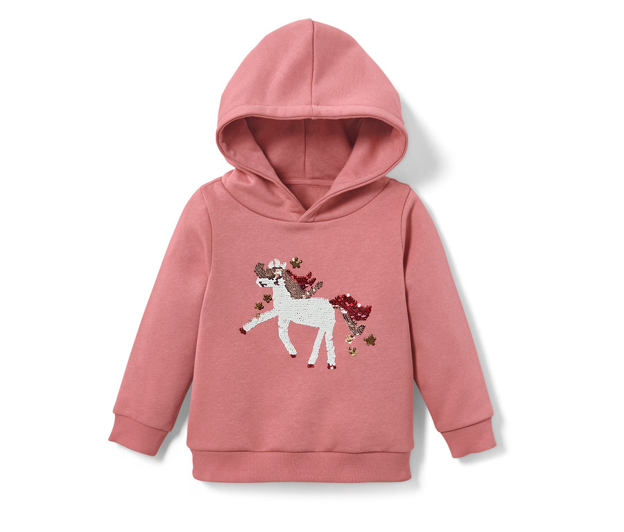 Sweat-shirt rose à capuche pour enfant avec motif licorne à paillettes réversibles ou imprimé.