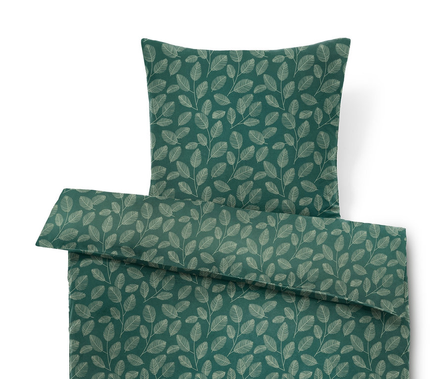 Parure de lit en molleton verte avec motif de feuilles, taille normale et grande taille.