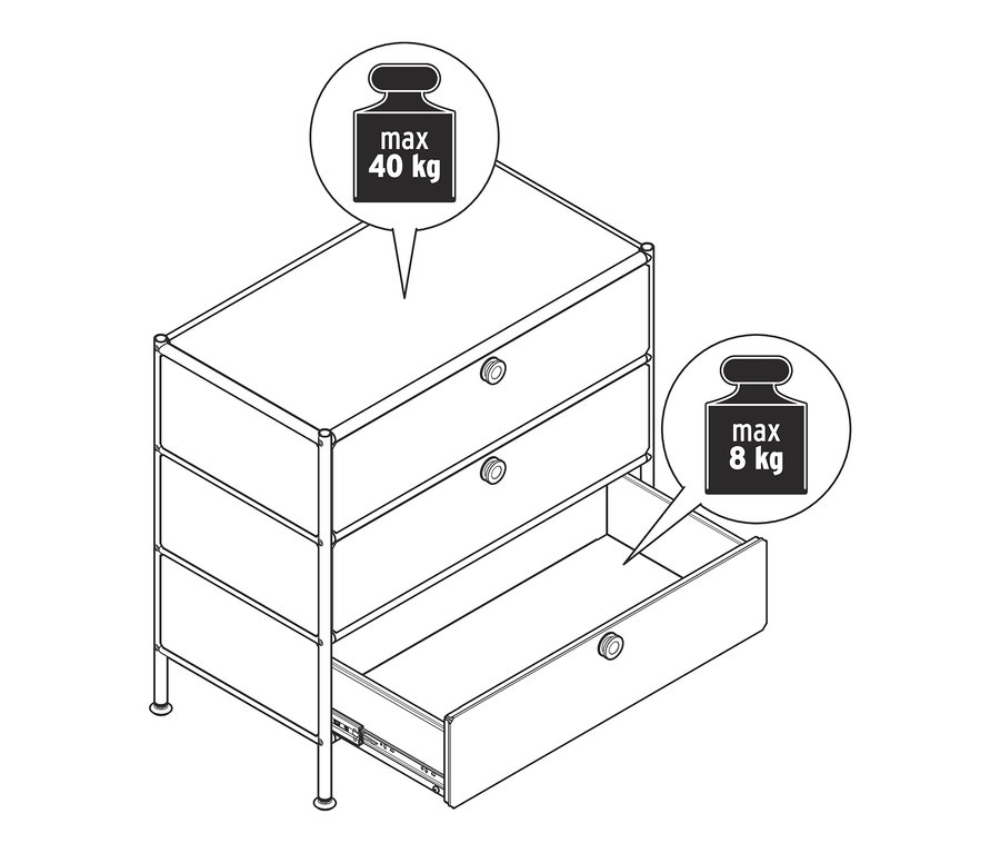 Schéma d'une commode en métal « CN3 » avec 3 tiroirs. Le tiroir du haut peut supporter jusqu'à 40 kg, les autres jusqu'à 8 kg.