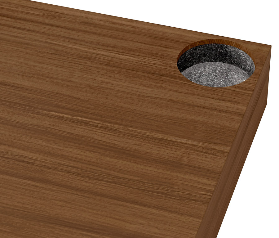 Détail d'un plateau supérieur « CN3 » plaqué en bois véritable, aspect noyer, largeur 152 cm.