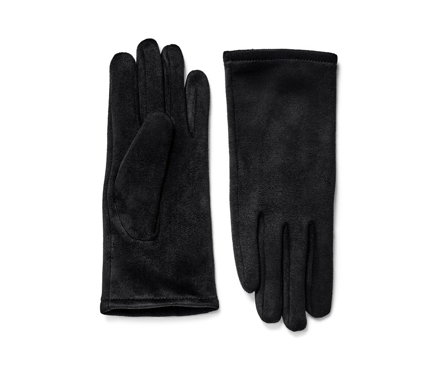 Deux gants noirs aspect cuir velours sont posés l'un à côté de l'autre.