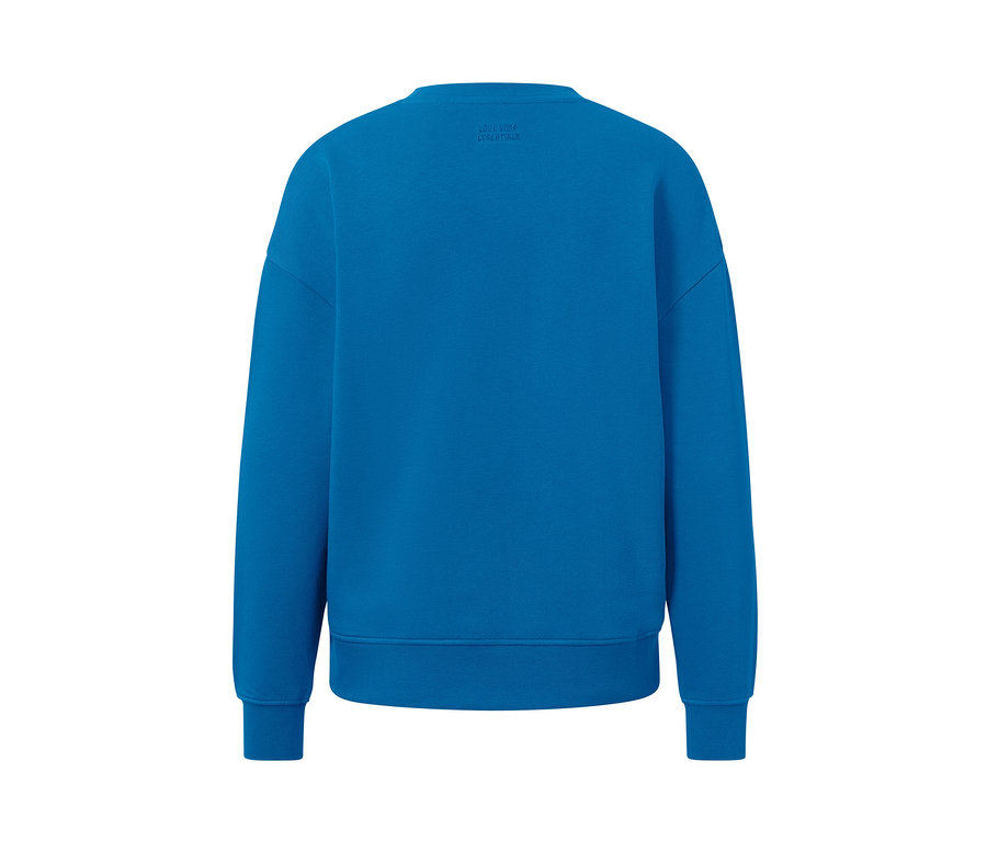 Vue détaillée de l'arrière d'un sweatshirt bleu azur.