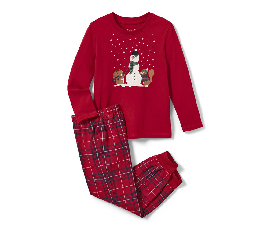 Pyjama rouge en jersey pour enfant avec un motif bonhomme de neige et écureuil.