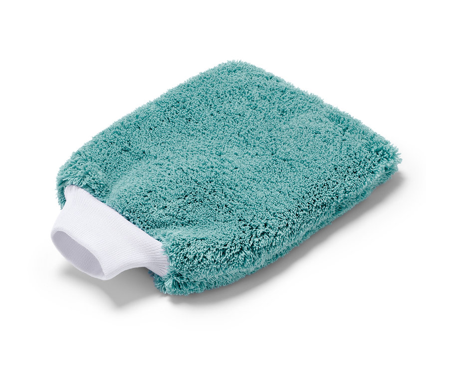 Un gant de lavage voiture turquoise avec un bord blanc.
