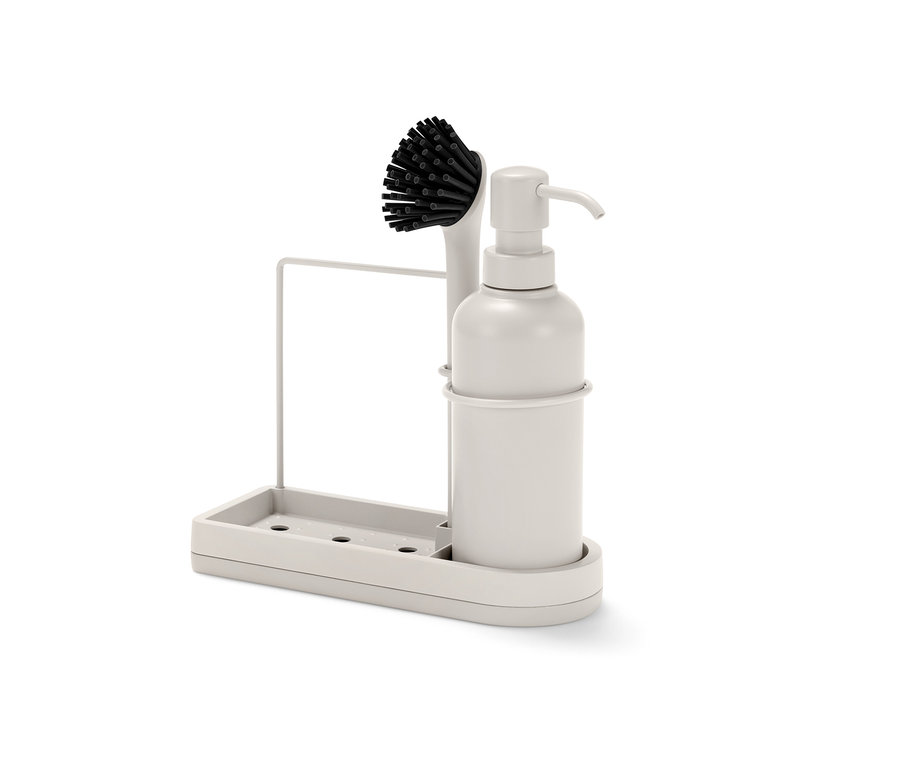 Organisateur d’évier avec distributeur de savon et brosse.