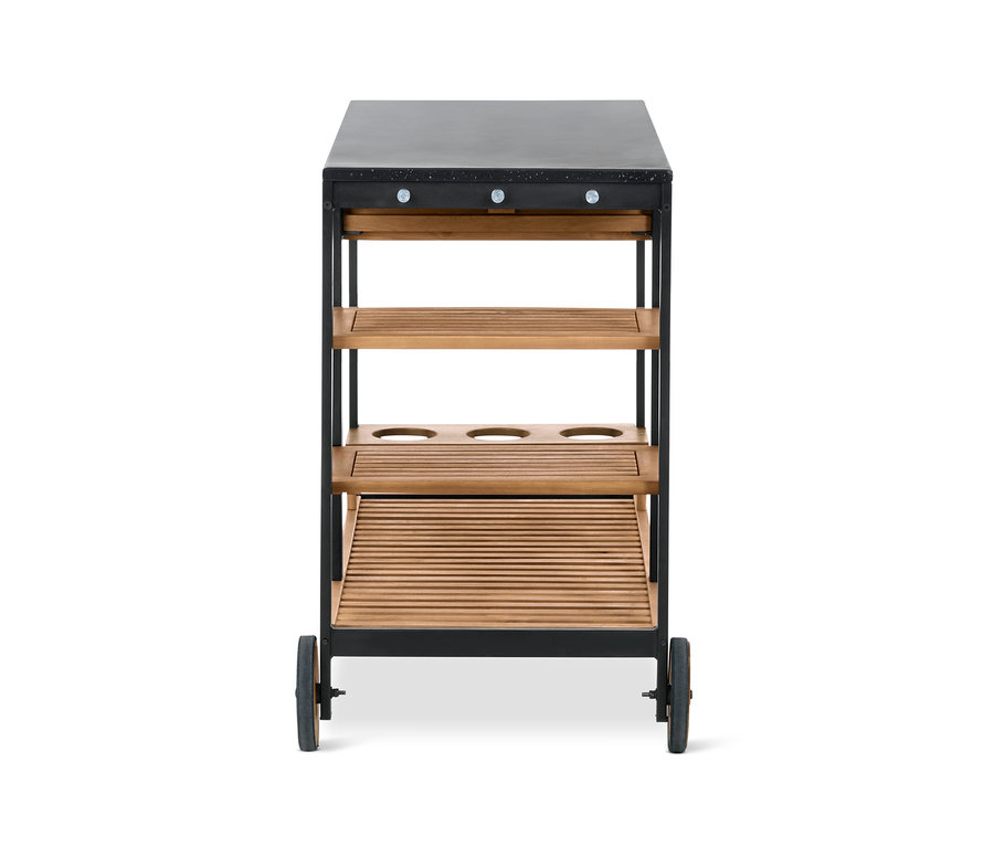 Vue de face du chariot pour barbecue « Elin » avec tiroir et surface de travail en béton, avec des étagères en bois et un cadre noir.