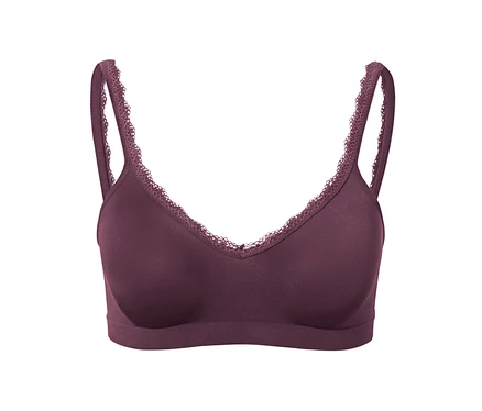 Soutien-gorge doux Seamless aubergine avec détails en dentelle.