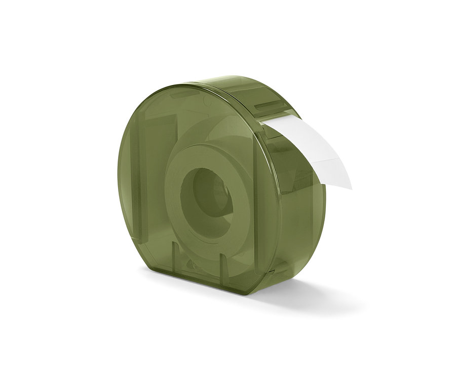 Un distributeur d'étiquettes vert avec une étiquette blanche.