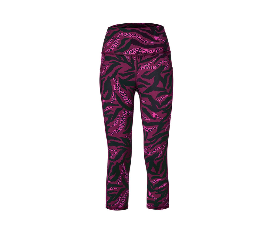 Legging de sport 3/4 violet avec imprimé intégral.