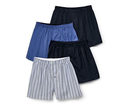 Quatre caleçons tissés bleus, rayés et bleu marine.