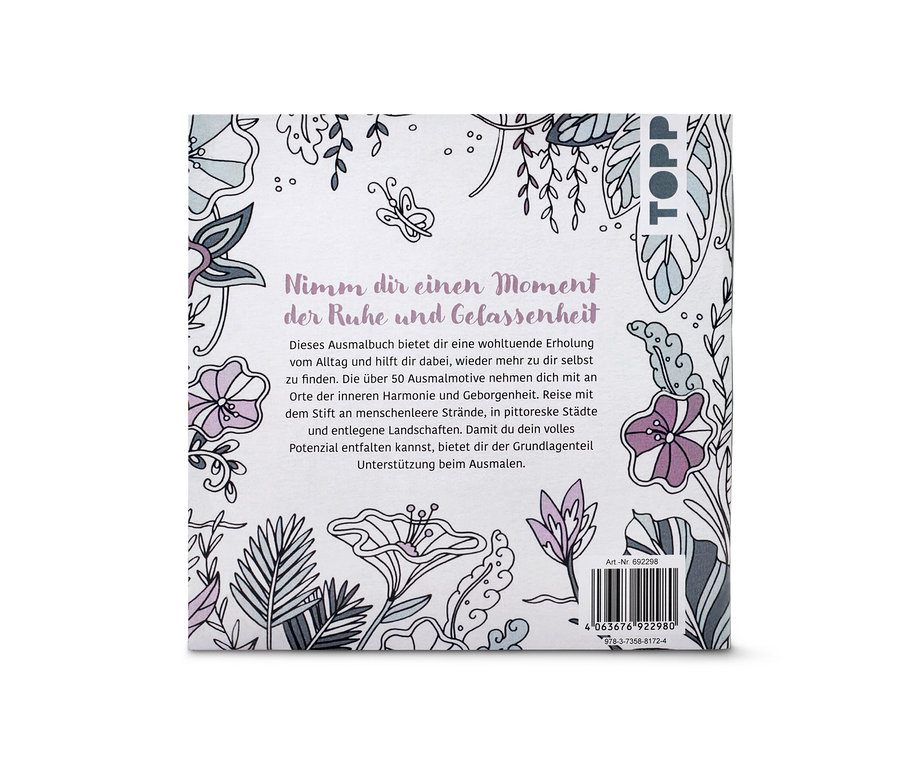 La couverture du livre « Oase der Ruhe – ausmalen und entspannen » (oasis de calme – colorier et se détendre, en allemand) avec des illustrations florales.