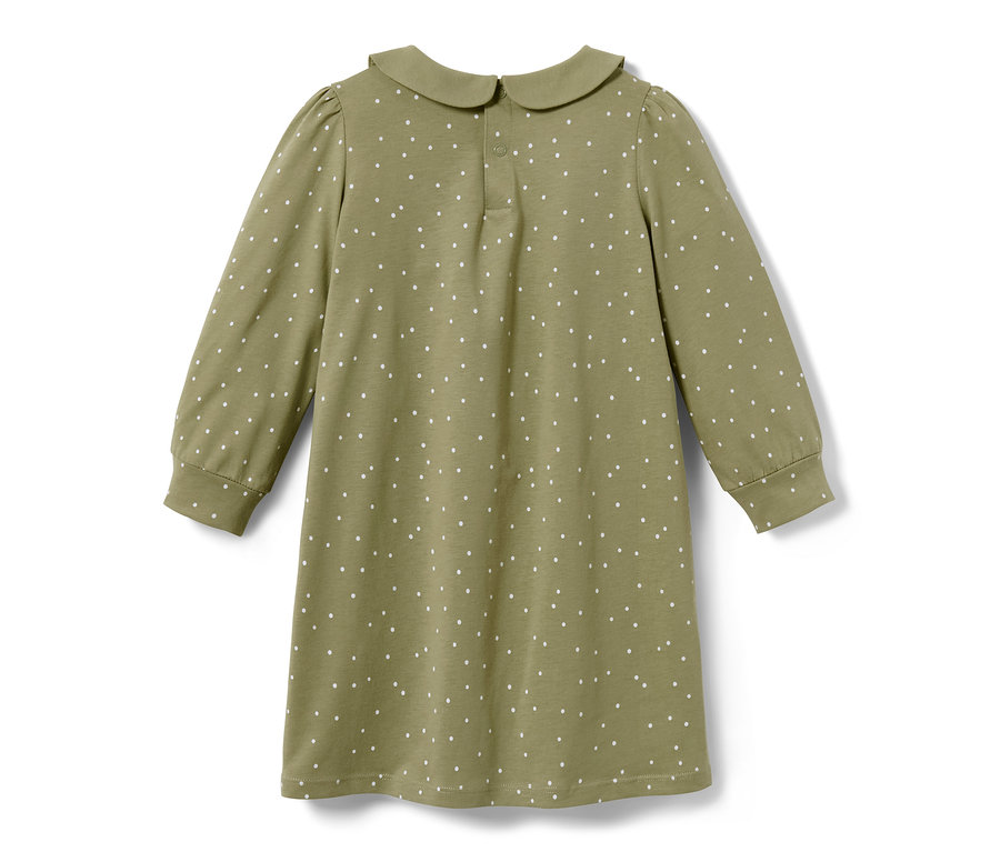 Vue arrière d'une robe en jersey olive pour tout-petit avec des pois blancs.