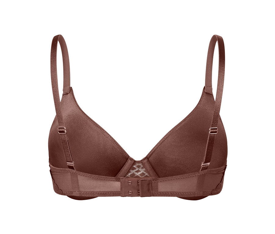 Vue détaillée de l'arrière d'un soutien-gorge à armatures marron.