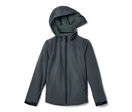 Veste en softshell grise pour enfant avec fermeture éclair et capuche.