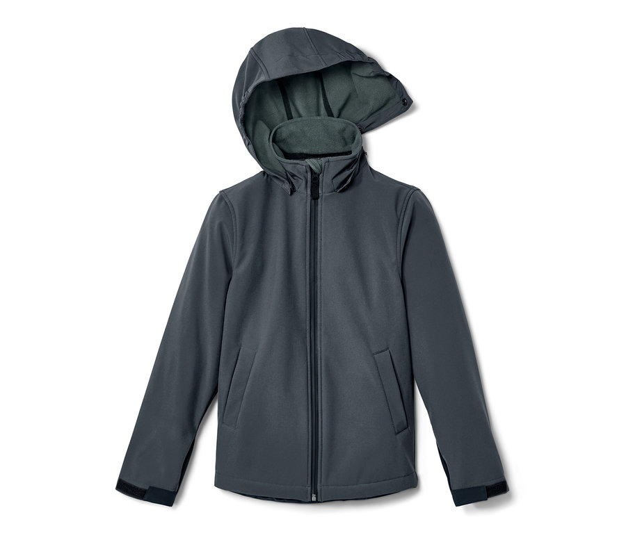 Veste en softshell grise pour enfant avec fermeture éclair et capuche.