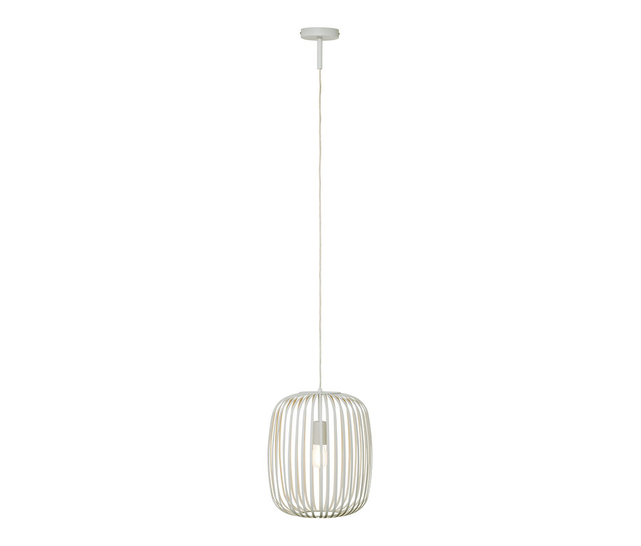 Une suspension en métal gris clair pend à un câble blanc.